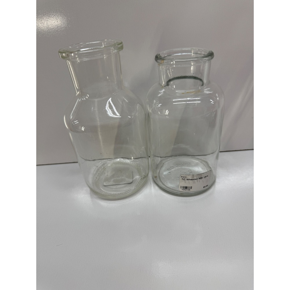 Vintage Wheaton Glass Milk Jars TCW Co USA Clear Apothecary Bottles Set of 2